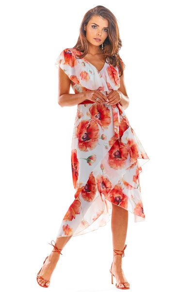 Asymetryczna sukienka w czerwone maki z falbanką