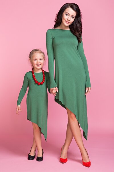Zielona asymetryczna sukienka dla mamy i córki