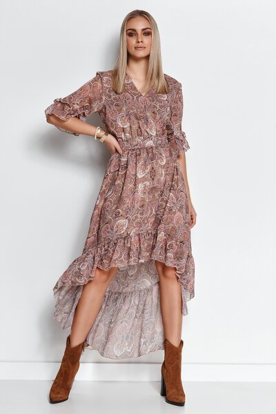 Asymetryczna zwiewna sukienka z falbankami i dekoltem w serek