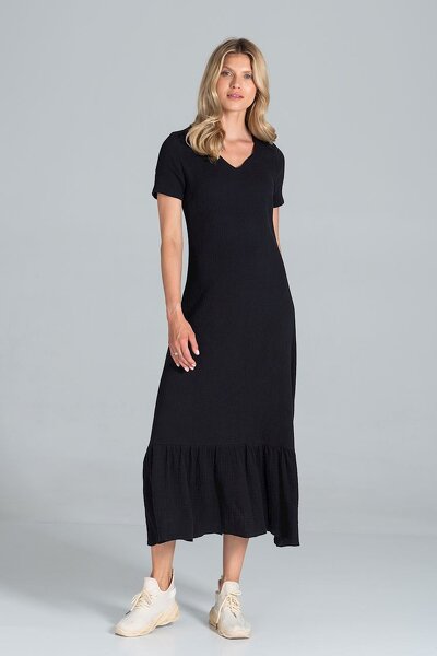Bawełniana czarna sukienka z krótkim rękawem i falbanką