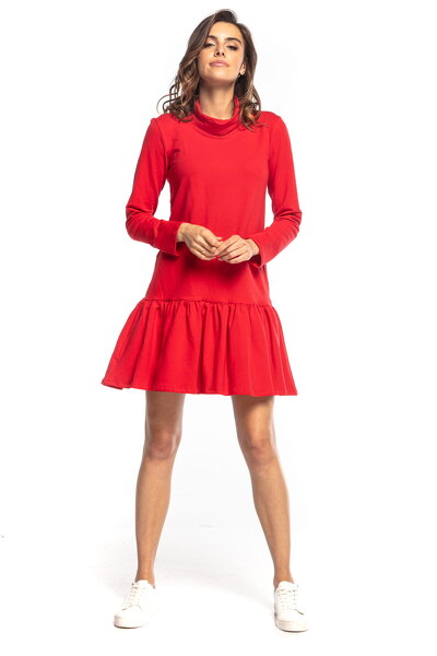 Bawełniana czerwona sukienka z falbanką i golfem