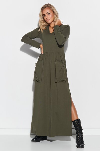 Bawełniana długa sukienka z kieszeniami w kolorze khaki