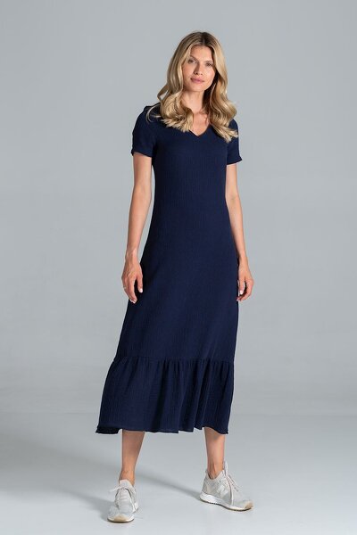 Bawełniana granatowa sukienka z krótkim rękawem i falbanką