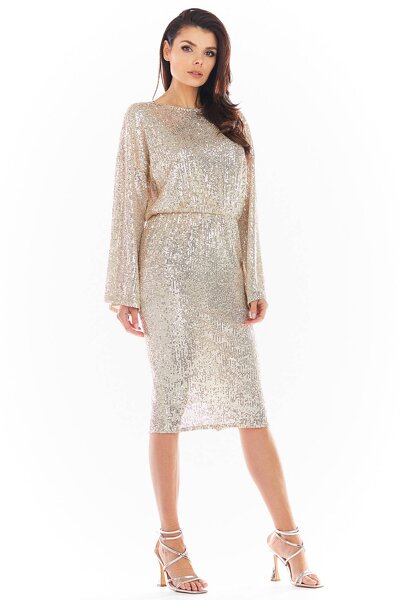 Beżowa cekinowa sukienka z dekoltem na plecach
