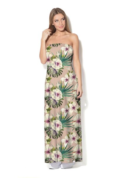 Beżowa sukienka maxi w białe kwiaty