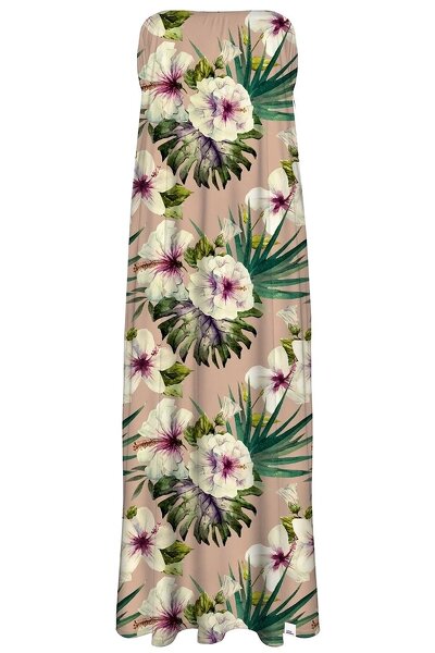Beżowa sukienka maxi w białe kwiaty