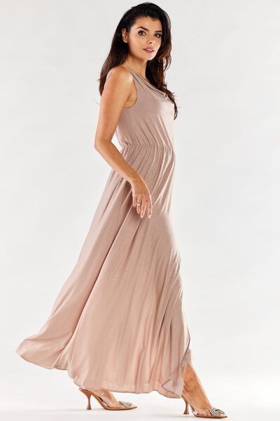 Beżowa sukienka maxi z marszczonemu dekoltem