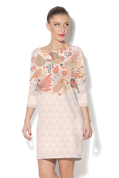 Beżowa wzorzysta sukienka z długim rękawem