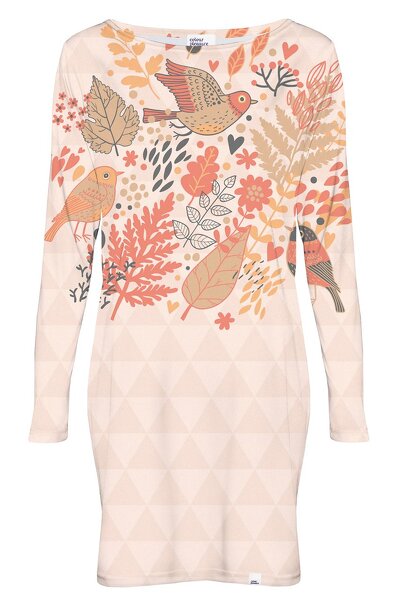 Beżowa wzorzysta sukienka z długim rękawem