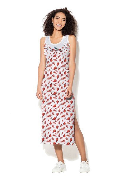 Biała sukienka maxi z czerwonymi listkami