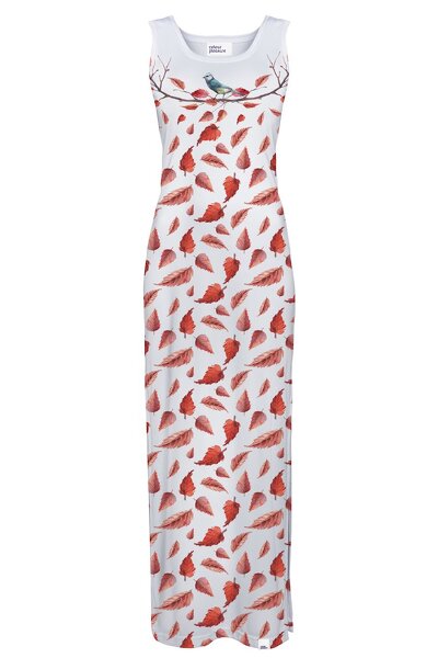 Biała sukienka maxi z czerwonymi listkami