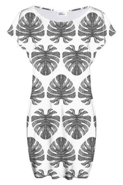 Biała sukienka w czarne duże liście palmy