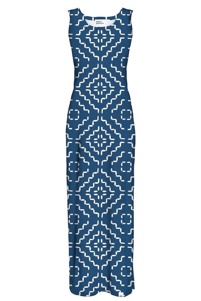 Niebieska długa sukienka z białym wzorem