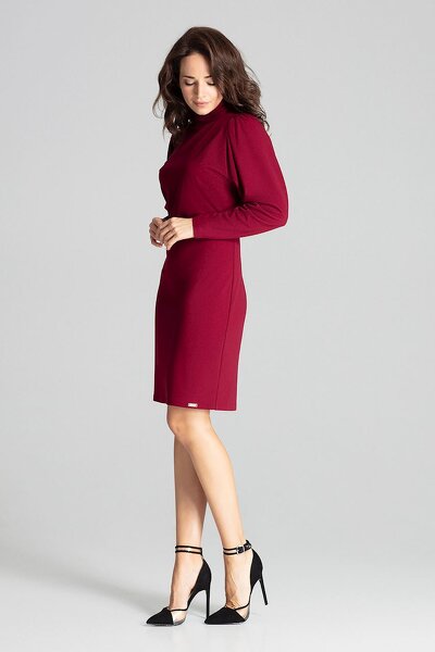 Bordowa sukienka z bufiastymi rękawami