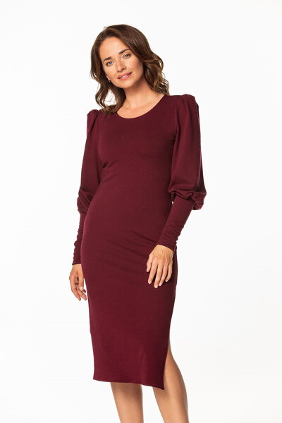 Bordowa sukienka midi z rękawami typu bufka