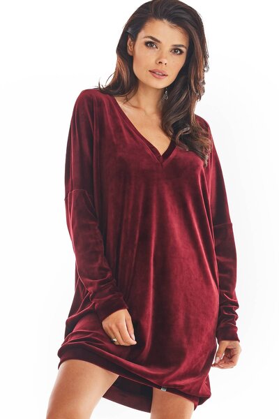 Bordowa welurowa sukienka z dekoltem w serek