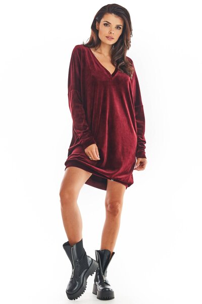 Bordowa welurowa sukienka z dekoltem w serek