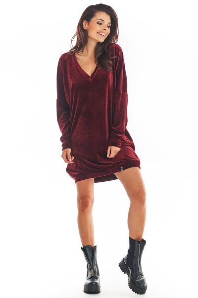 Bordowa welurowa sukienka z dekoltem w serek