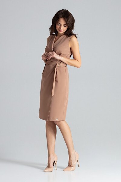 Brązowa sukienka z kopertowy dekoltem
