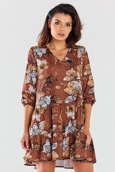 Brązowa wzorzysta sukienka midi z rękawem 3/4