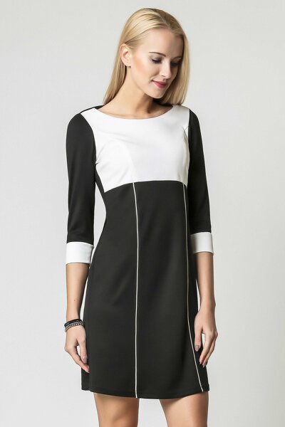 Biało czarna sukienka koktajlowa z rękawem 3/4