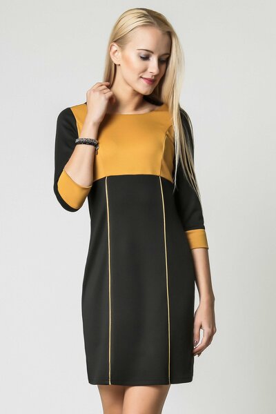 Miodowo czarna sukienka koktajlowa z rękawem 3/4