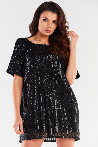 Czarna luźna sukienka mini obszyta cekinami