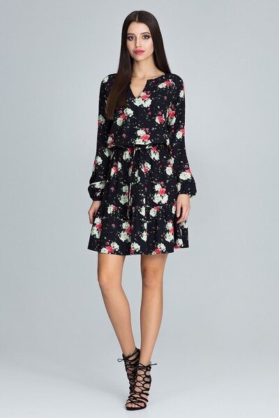 Czarna sukienka mini w drobne biało-czerwone kwiaty