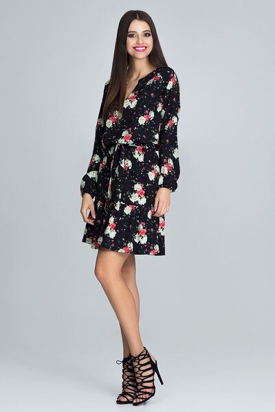 Czarna sukienka mini w drobne biało-czerwone kwiaty