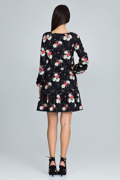 Czarna sukienka mini w drobne biało-czerwone kwiaty