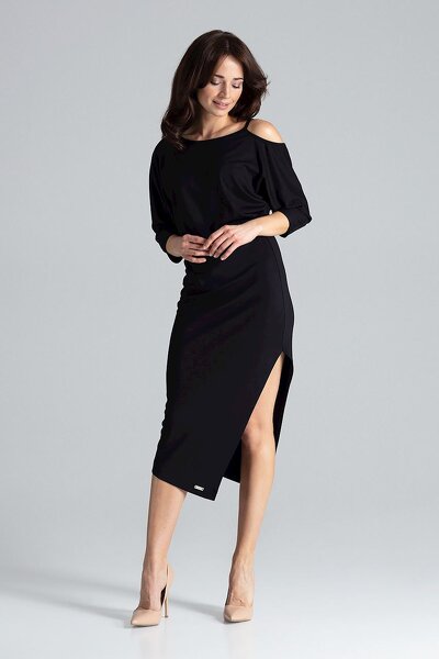 Sukienka midi z rozcięciem po jednej stronie w czarnym kolorze