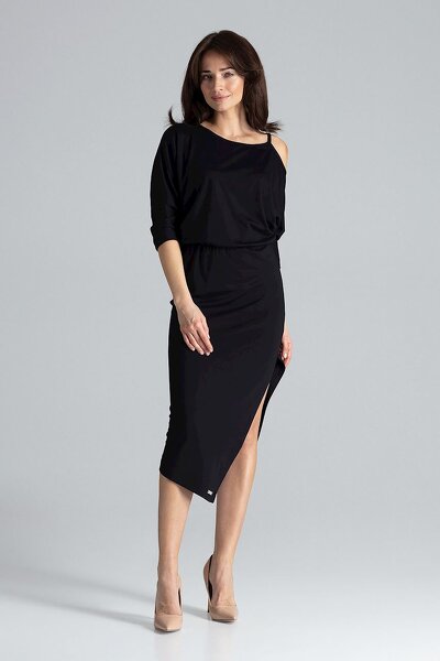 Sukienka midi z rozcięciem po jednej stronie w czarnym kolorze