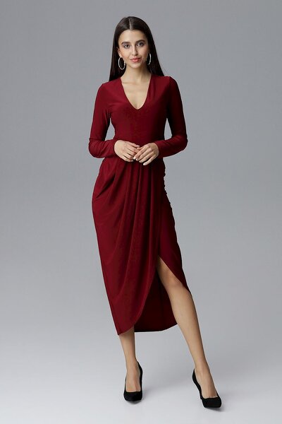 Długa sukienka asymetryczna w kolorze bordowym