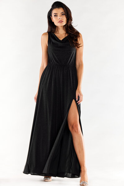 Długa czarna sukienka maxi z marszczonym dekoltem