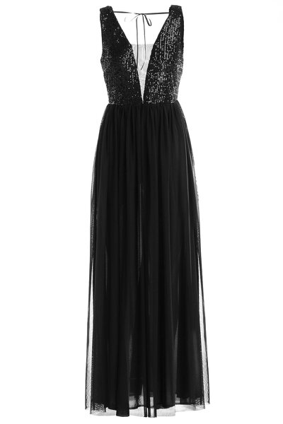 Długa elegancka czarna sukienka  z odkrytymi plecami