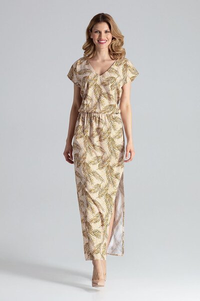 Wzorzysta sukienka z rozcięciem u dołu i krótkim rękawem.