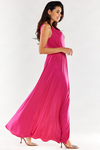 Długa fioletowa sukienka maxi z marszczonym dekoltem