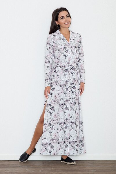 Długa sukienka z rozcięciem w różowo szarych kwiatach