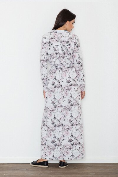 Długa sukienka z rozcięciem w różowo szarych kwiatach