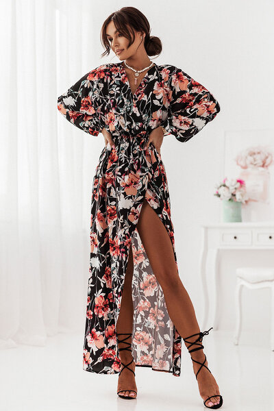 Długa kwiecista sukienka z rozcięciem i głębokim dekoltem