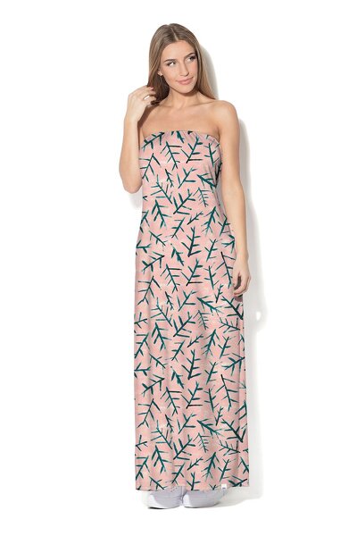 Różowa sukienka maxi z zielonymi listkami