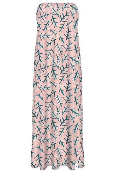 Różowa sukienka maxi z zielonymi listkami