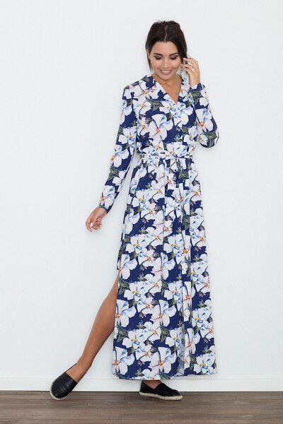 Długa sukienka z rozcięciem w granatowym i białym kolorze
