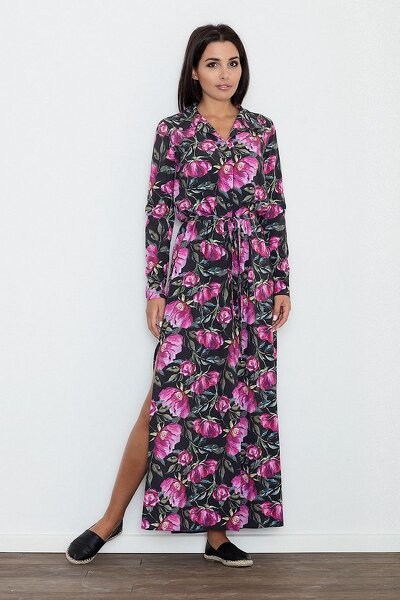 Długa sukienka z rozcięciem w różowe kwiaty na czarnym tle