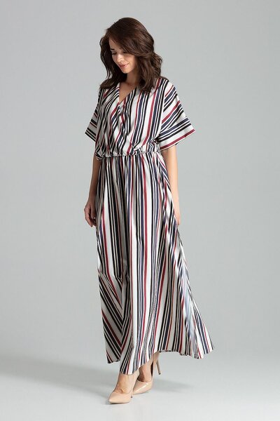 Długa sukienka w paski  z kopertowym dekoltem
