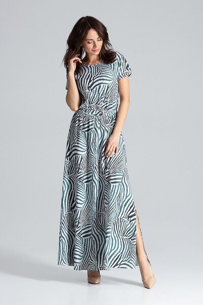 Wzorzysta długa sukienka z rozcięciem