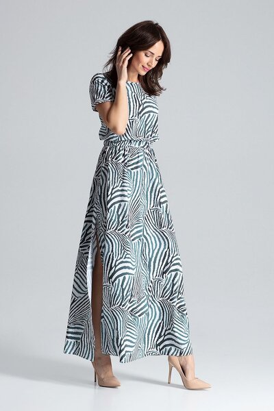 Wzorzysta długa sukienka z rozcięciem