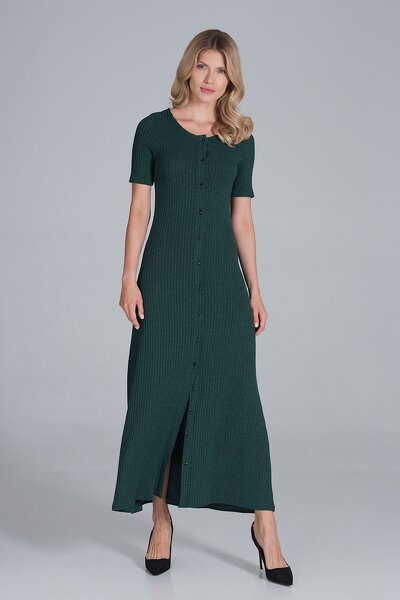 Długa  zielona sukienka z dzianiny w prążki zapinana na guziki