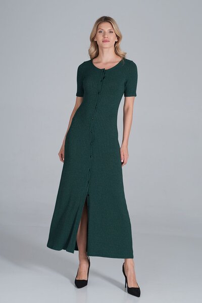 Długa  zielona sukienka z dzianiny w prążki zapinana na guziki