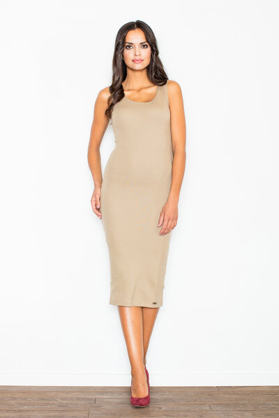 Beżowa dopasowana sukienka o długości za kolano